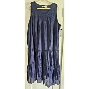 NWT OSO CASUALS cotton navy blue Embroiered tiered crinke dress 2X  light weight